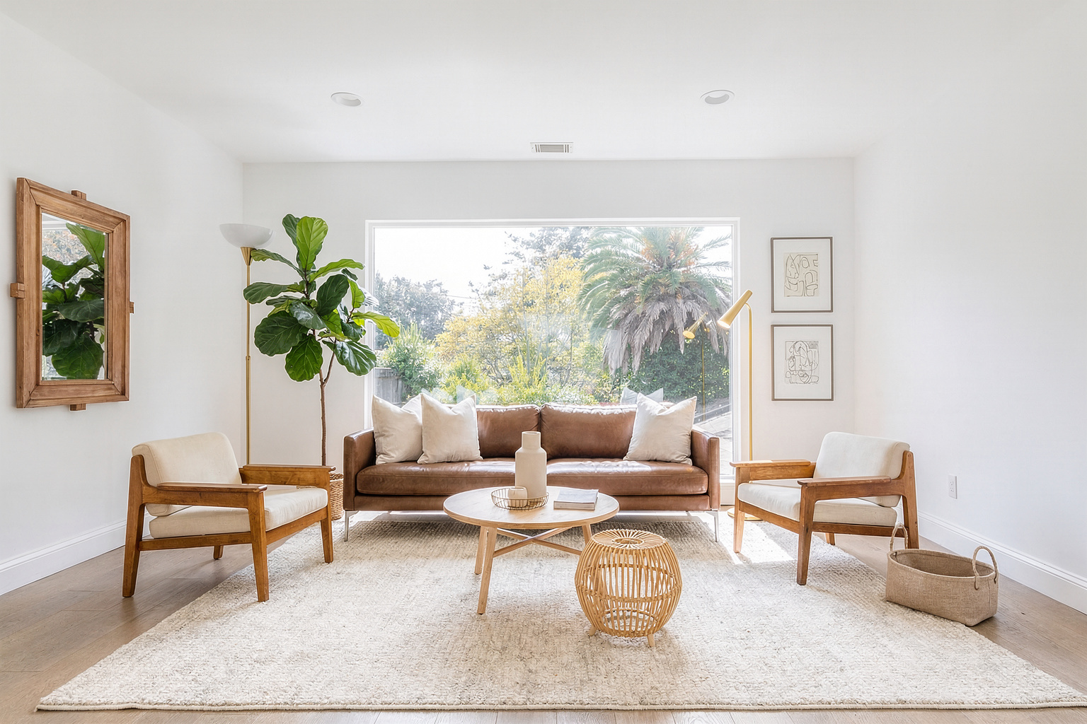 Balanced garden-view lounge design