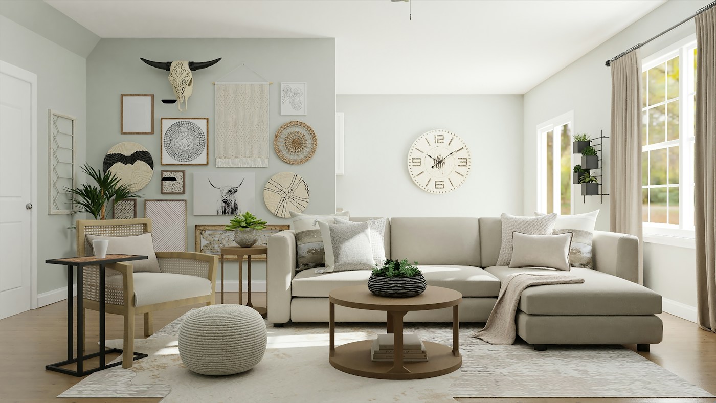 Sage and cream living room with woven wall art, plants, and a round wood table
