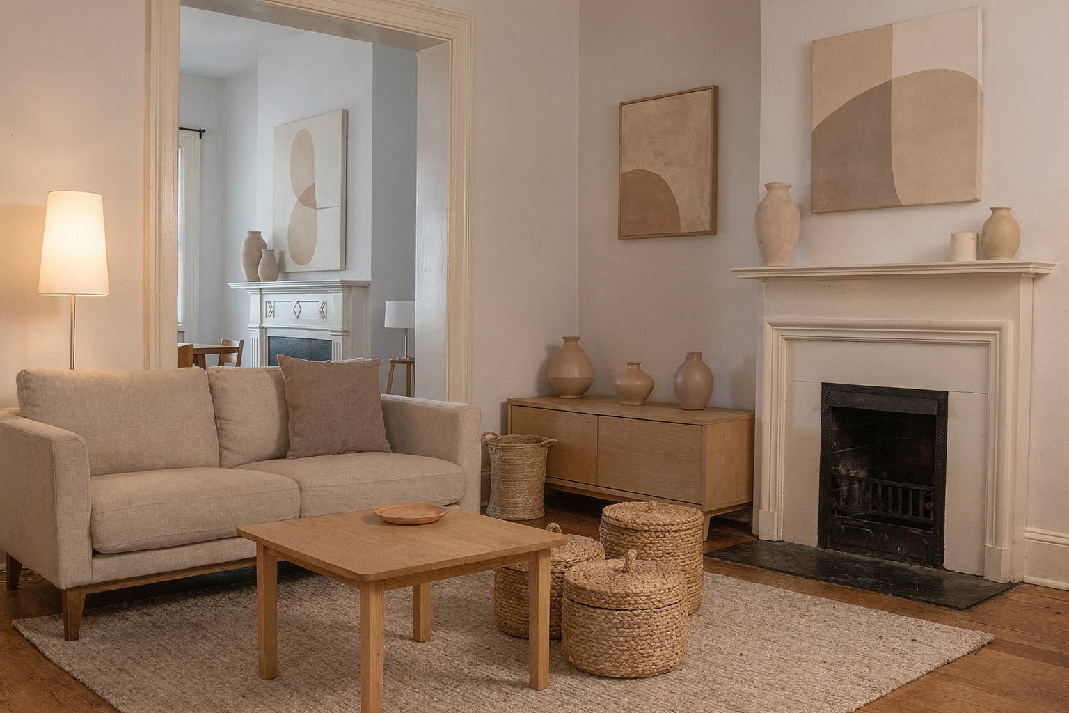 Warm oak Japandi living room design