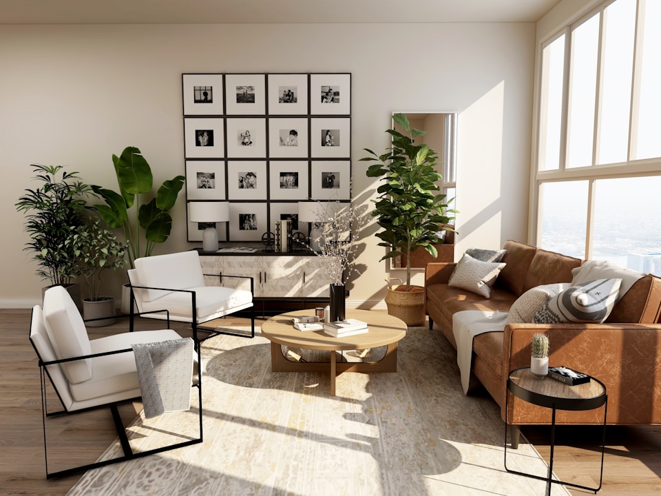 Light-filled living room with neutral seating and warm wooden accents